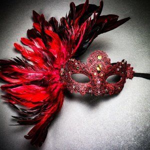 Red Lace Venetian Halloween Feather Women Eye Mask